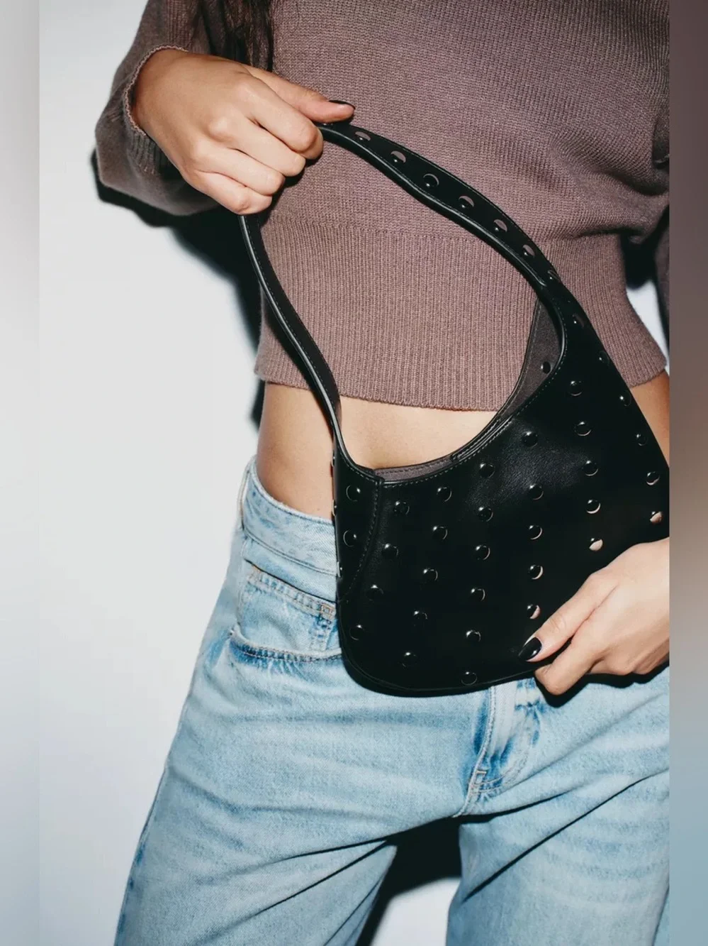 Zara Faux Leather Black Studded Shoulder Bag with Detachable Pouch